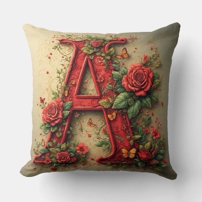 Coussin Lettre rouge élégante A entourée de roses (Recto)