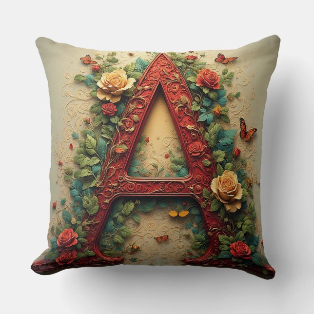 Coussin Lettre rouge élégante A entourée de roses (Recto)