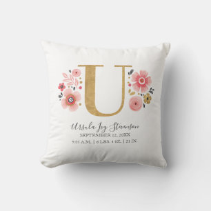 Coussin LETTRE SITE DE NAISSANCE U Pink Floral Monogramme 