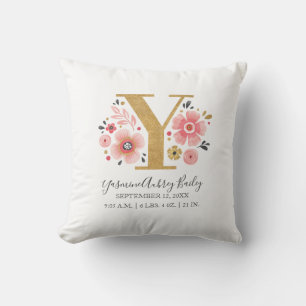 Coussin LETTRE SITE DE NAISSANCE Y Pink Floral Monogramme