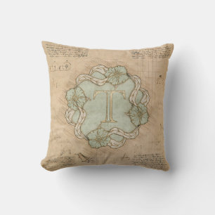 Coussin Lettre T artisanale vintage en mot d'art vert or