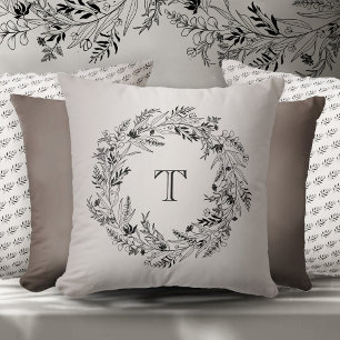 Coussin Lettre T en cercle feuillu minimaliste raffiné