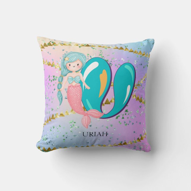 Coussin Lettre U Monogram Aquarelle mignonne Sirène (Recto)