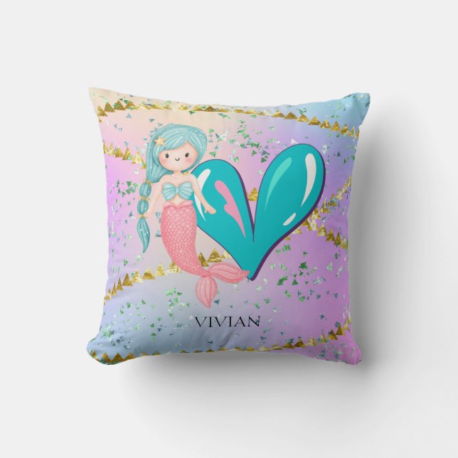 Coussin Lettre V Monogramme Aquarelle mignonne Sirène (Recto)