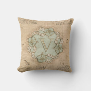 Coussin Lettre vintage artisanale V Word Art Vert Or