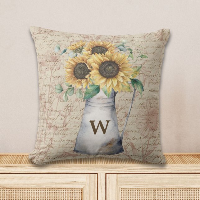 Coussin Lettre Vintage Monogramme tournesol rustique (In situ)