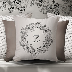 Coussin Lettre Z cercle de feuillage noir minimaliste