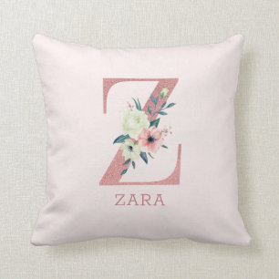 Coussin Lettre Z Monogramme Floral Aquarelle Rose Pour La