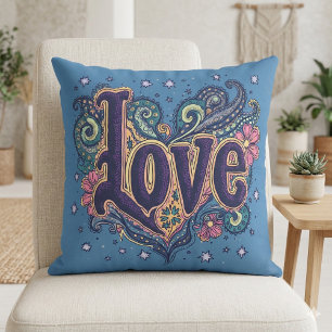 Coussin Lettres d'amour bohème psychédéliques avec fleurs