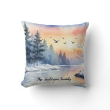 Lever de soleil aquarelle Oiseaux d'hiver Lac Noël