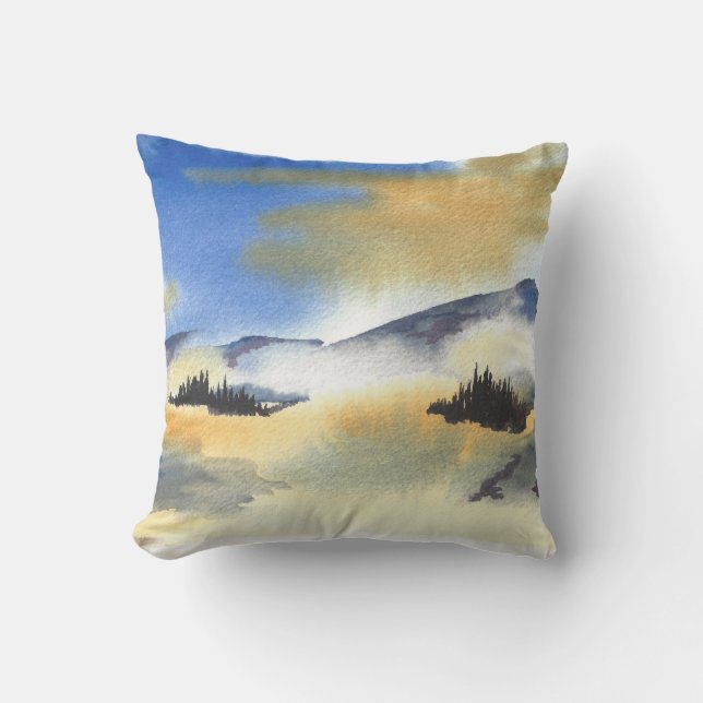Coussin Lever de soleil dans le paysage bleu et jaune. (Recto)