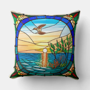 Coussin Lever de soleil sur l'océan avec oiseau en vol