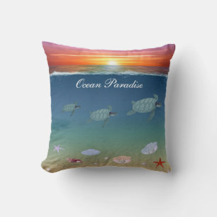 Coussin Lever de soleil sur l'océan, tortues de mer et coq