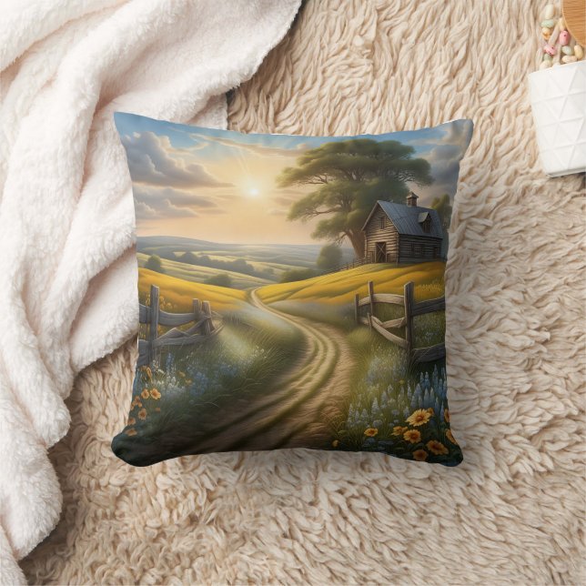 Coussin Lever de soleil sur une vue de collines rurales (Couverture)