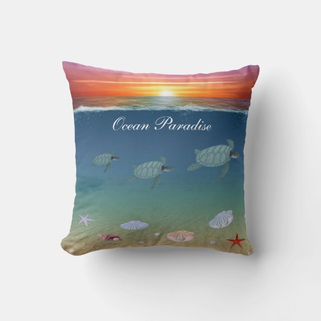 Coussin Lever de soleil, tortues de mer et coquillages (Recto)