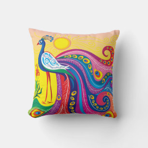 Coussin Lever du soleil avec paon