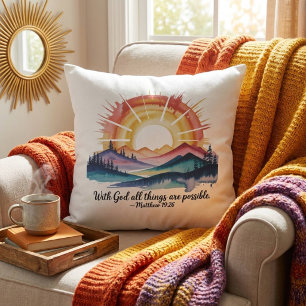 Coussin Levers à soleil de montagne à l'aquarelle, verset