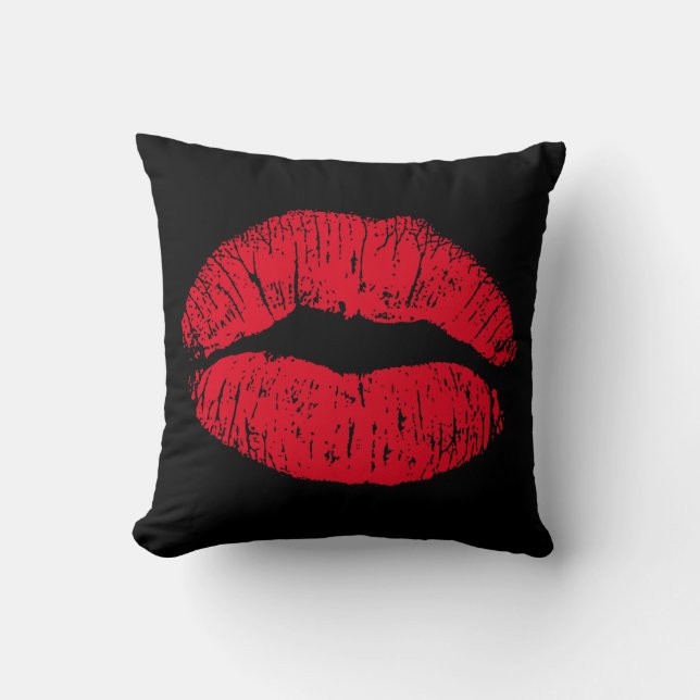 Coussin Lèvres de baiser rouge sur noir (Recto)