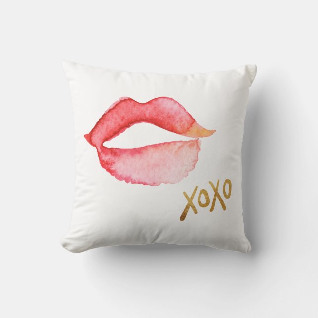 Coussin Lèvres et feuille d'or XOXO d'aquarelle (Recto)