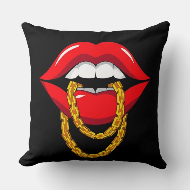 Coussin Lèvres Rouges Mordant une Chaîne Dorée Élégante (Recto)
