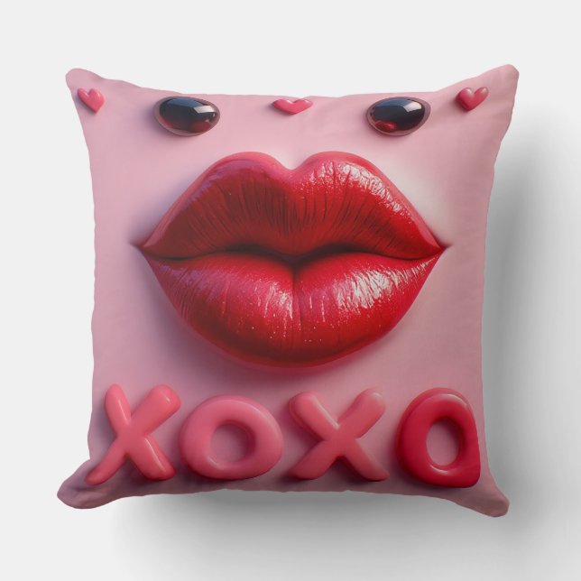 Coussin Lèvres rouges vibrantes avec motif XOXO (Recto)