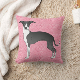 Coussin Lévrier Italien Noir Et Blanc Sur Cœurs Roses