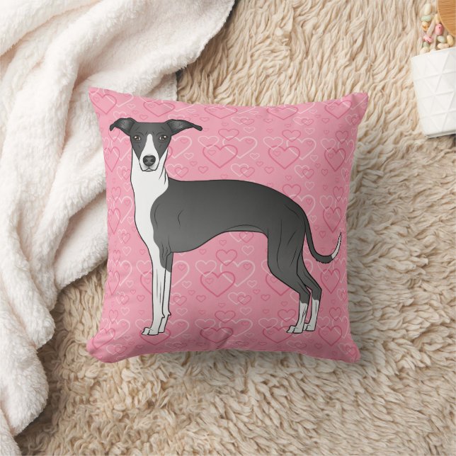 Coussin Lévrier Italien Noir Et Blanc Sur Cœurs Roses (Couverture)