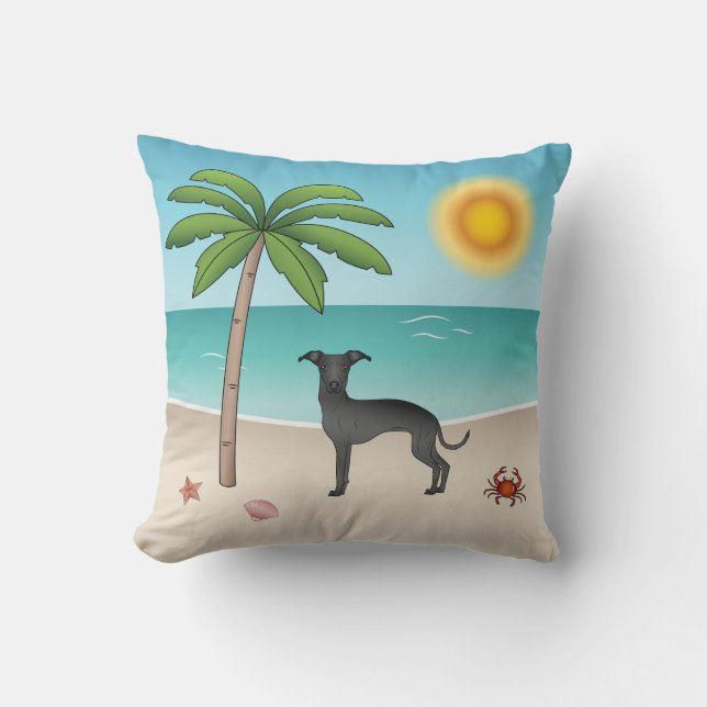 Coussin Lévrier Italien Noir sur une Plage Tropicale d'Été (Recto)