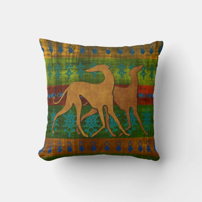 Coussin Lévriers de l'Azawakh (camaieu bleu-vert) (Recto)