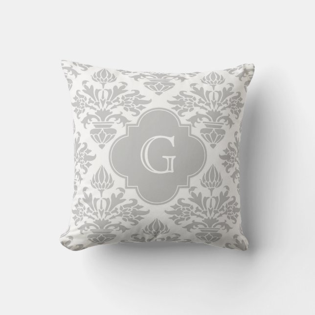Coussin Lg Gris Blanc Floral Damas #3 Gris Étiquette Monog (Recto)