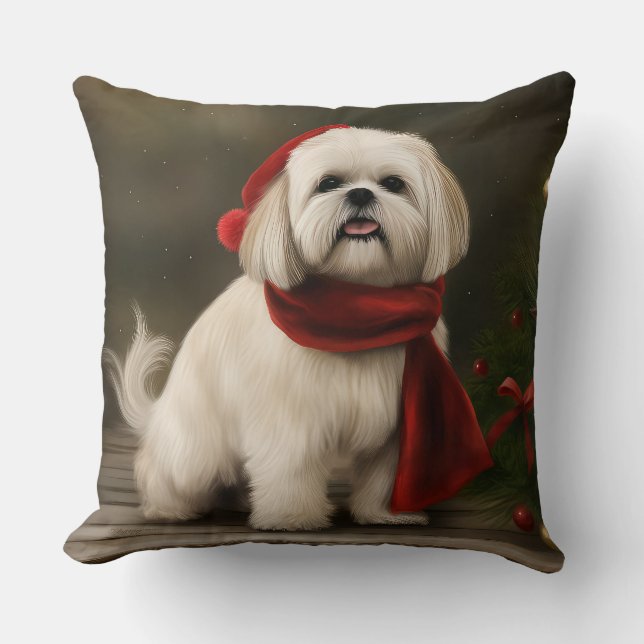 Coussin Lhasa Apso Chien dans la neige Noël (Recto)