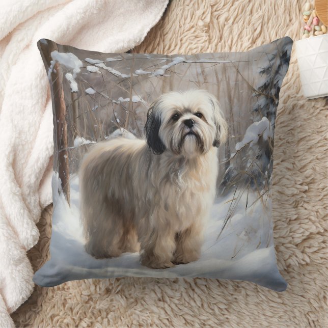Coussin Lhassa Apso Laisse Neige Noël (Couverture)