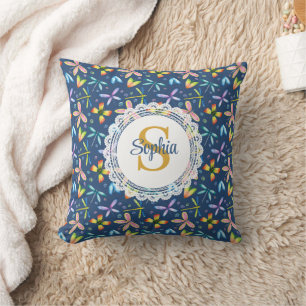 Coussin Libellule aquarelle florale & monogramme bleu mari