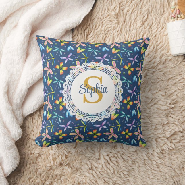 Coussin Libellule aquarelle florale & monogramme bleu mari (Couverture)