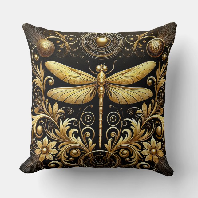 Coussin Libellule dorée entourée de motifs floraux ornés (Recto)