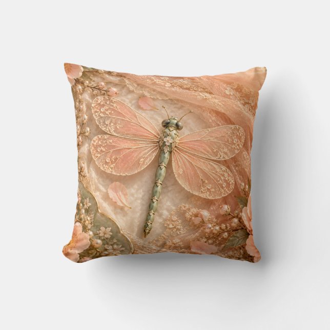 Coussin Libellule en dentelle pêche Nature morte perle rom (Recto)