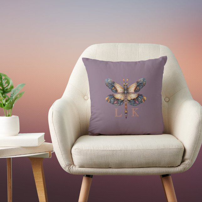 Coussin Libellule Monogramme Art Populaire Violet Bleu Ora (Créateur téléchargé)
