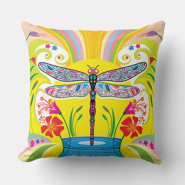 Coussin Libellule radieuse et fleurs sauvages (Recto)
