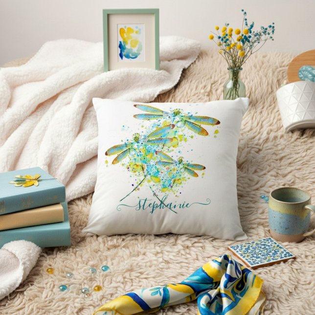Coussin Libellule sarcelle éclaboussure personnalisée  (Créateur téléchargé)