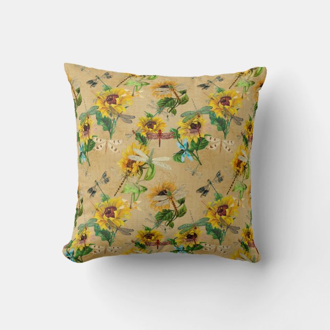 Coussin Libellules et Tournesols Jaune Vert Brun (Recto)