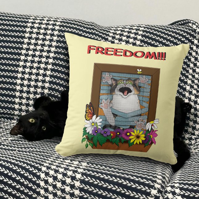 Coussin Liberté Évasion Drôle Chat Floral Jaune Fenêtre (Créateur téléchargé)