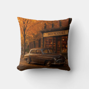 Coussin Librairie Automne/Automne vintage et voiture