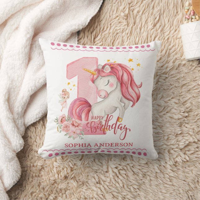 Coussin Licorne 1er Anniversaire Fille Rose  (Couverture)