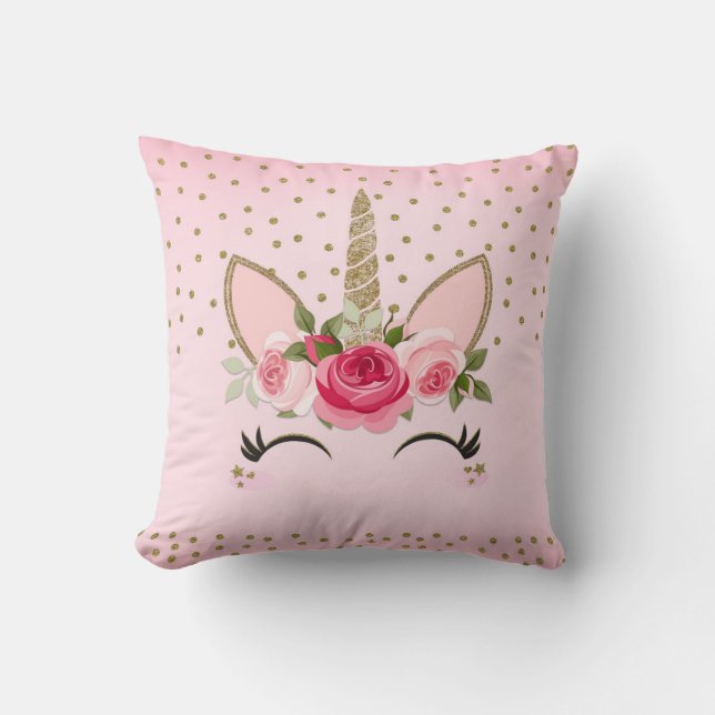 Coussin Licorne à paillettes dorées et fleurs roses (Recto)