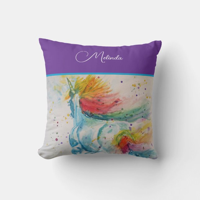 Coussin Licorne Arc-en-ciel Anniversaire Filles Aquarelle  (Recto)