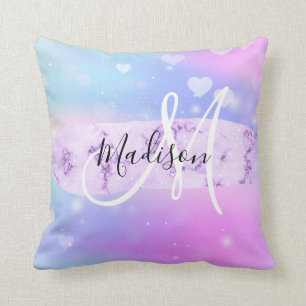 Coussin Licorne Arc-en-Ciel Cœurs Monogramme Coloré Fémini