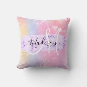 Coussin Licorne Arc-en-Ciel Cœurs Monogramme Coloré Fémini