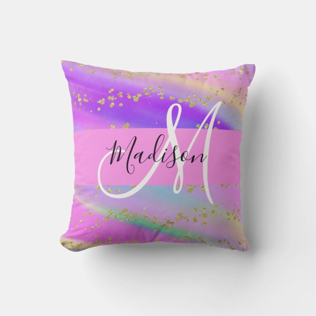 Coussin Licorne Arc-en-ciel Doré Paillettes Monogramme Col (Recto)