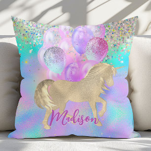 Coussin Licorne arc-en-ciel pailletée ballons monogramme