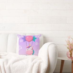 Coussin Licorne Assise Mignonne et Ballons Lilas